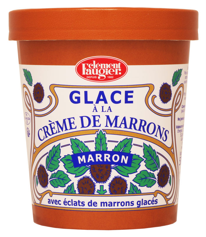 Un pot de glace rouge étiqueté glace à la crème de marrons
