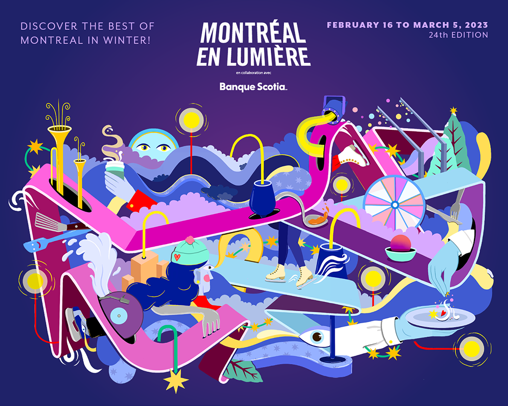 Affiche annonçant les festivités pour Montréal en lumière Dessins de toutes les couleurs