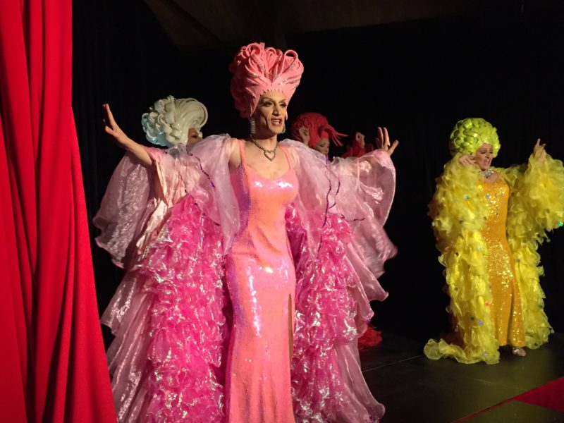 Magnifique "transformiste" avec une longue robe à paillette rose en premier plan. Derrière d'autres artistes en jaune et rose clair