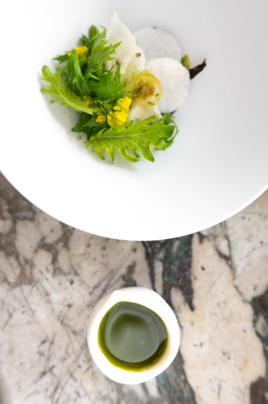 L’attribut alt de cette image est vide, son nom de fichier est Restaurant-le-meurice-alain-ducasse-Navet-fermente-brocoletti-mole-vegetal-citrus-top-view-by-Jordan-Sapally-532x800.jpg.